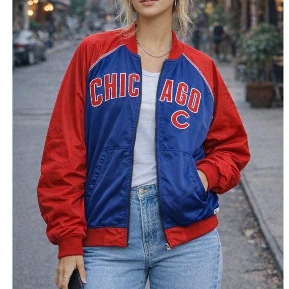 1990s Chicago Cubs Colorblock Red Blue MLB Full Zip Raglan‎ Sleeve Track Jacket